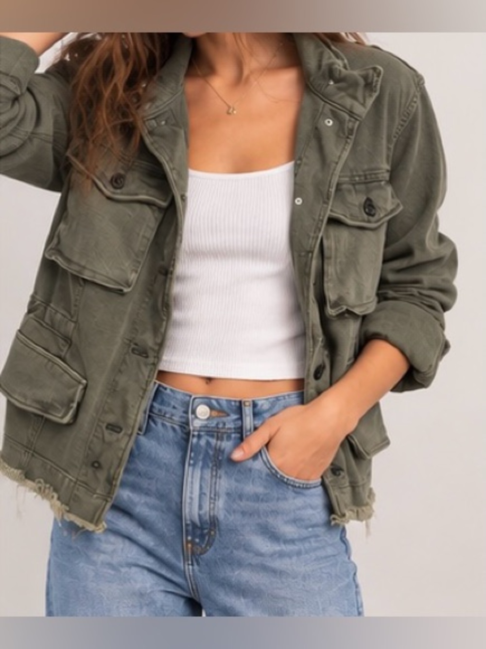 NWT Free People Rumors Utility Jacket Army Green Raw Hem M